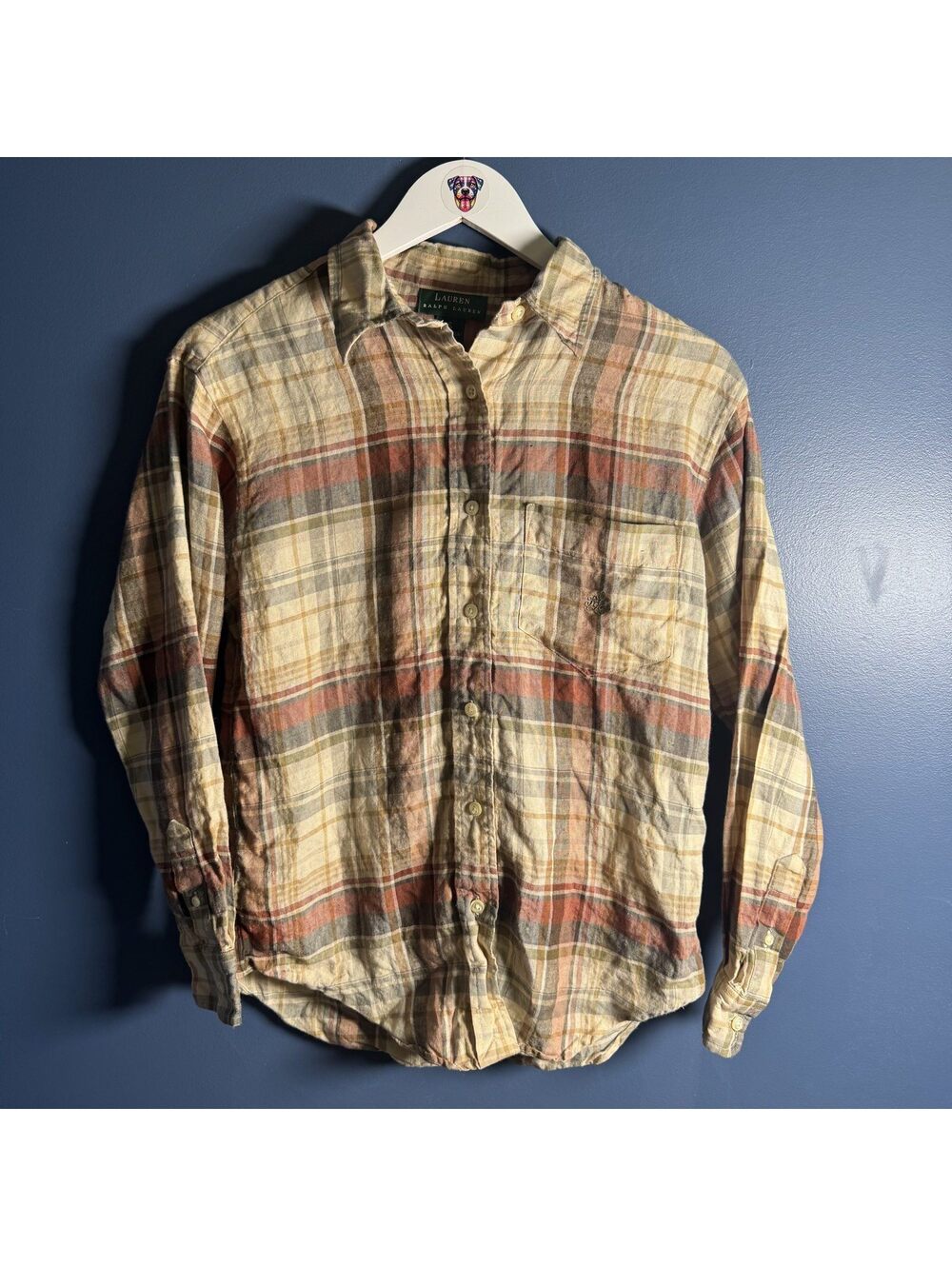 Vintage Lauren Ralph Lauren Linen Plaid Button-Up Shirt Tan Rust Size S RL Logo